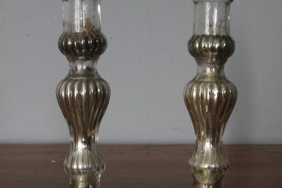 Pair of antique candlesticks - Murano glass candelabra 19th century with silver. Size h 17