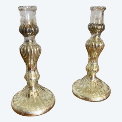 Pair of antique candlesticks - Murano glass candelabra 19th century with silver. Size h 17