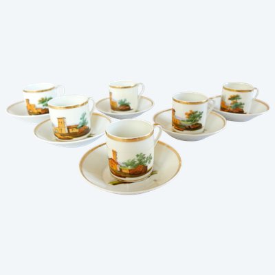 Empire coffee service in Paris porcelain gilded with fine gold and Italian landscapes, 6 cups