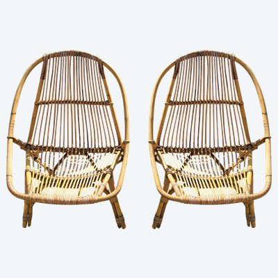 Pair of rattan armchairs with armrests from the 60s and 70s
