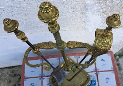 Set da camino in bronzo e ferro del XIX secolo