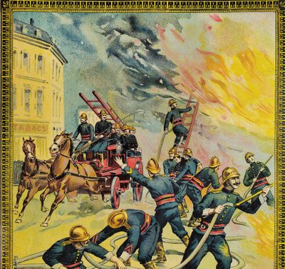 Chromolithograph Firefighters In Touraine Circa 1900 Old Print