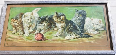 Tableau gravure de  Fannie Moody  chats jouent avec pelote de laine XXEME