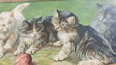Tableau gravure de  Fannie Moody  chats jouent avec pelote de laine XXEME