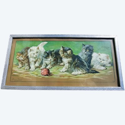 Tableau gravure de  Fannie Moody  chats jouent avec pelote de laine XXEME