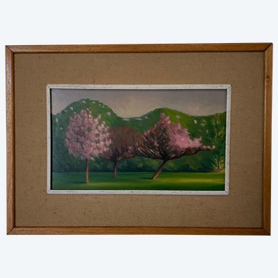 Oil on cardboard 1920 representing trees in bloom in the wind