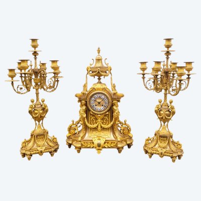 Gilt Bronze Fireplace Set, Napoleon III, 19th Century