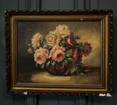 Öl auf Holz signiertes Stillleben mit Rosenstrauß 1936