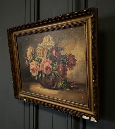 Öl auf Holz signiertes Stillleben mit Rosenstrauß 1936
