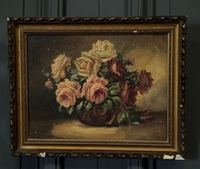 Öl auf Holz signiertes Stillleben mit Rosenstrauß 1936