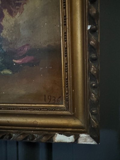 Öl auf Holz signiertes Stillleben mit Rosenstrauß 1936