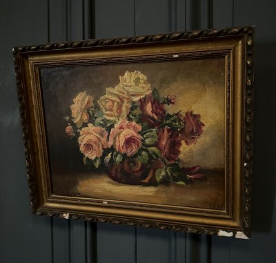 Öl auf Holz signiertes Stillleben mit Rosenstrauß 1936