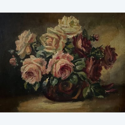 Öl auf Holz signiertes Stillleben mit Rosenstrauß 1936