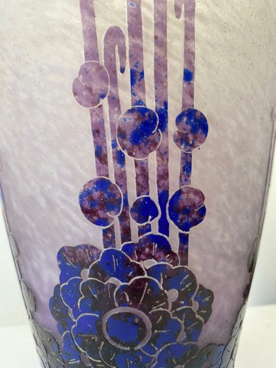 Schneider : large vase Le verre français "roses trémières " art déco 1927-1928