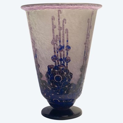 Schneider : large vase Le verre français "roses trémières " art déco 1927-1928