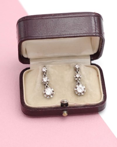 Orecchini Art Déco con tre diamanti da 0,72 ct in oro 18k e platino, gioielli antichi