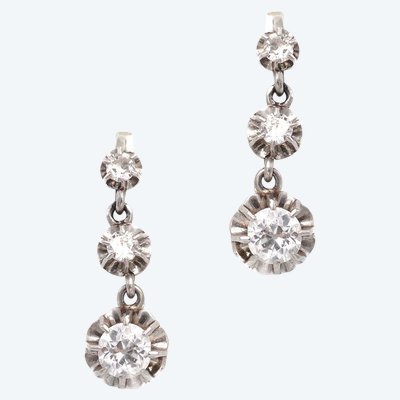 Orecchini Art Déco con tre diamanti da 0,72 ct in oro 18k e platino, gioielli antichi