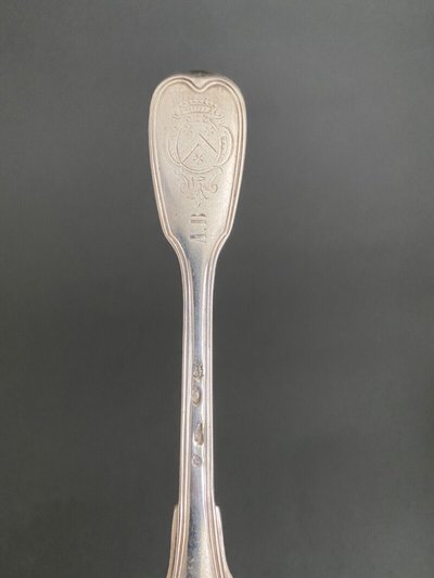 18th century solid silver stew spoon with Fermiers Généraux hallmarks