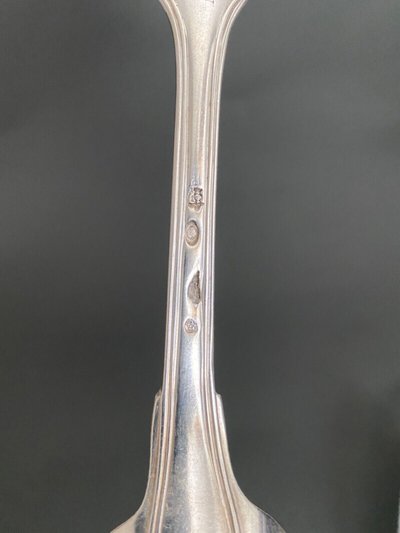 18th century solid silver stew spoon with Fermiers Généraux hallmarks