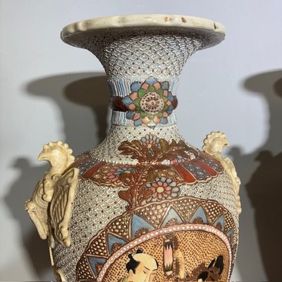 Antique Japanese Satsuma Ceramic Vases early 1900s Paintings . H 78 La 44
