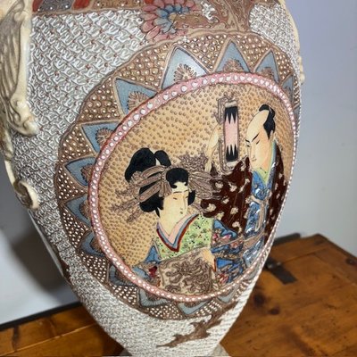 Antique Japanese Satsuma Ceramic Vases early 1900s Paintings . H 78 La 44