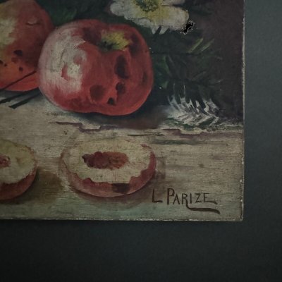 Olio su tela natura morta con frutta e fiori di L. Parize XX secolo