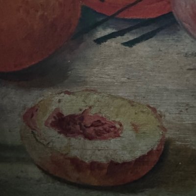 Olio su tela natura morta con frutta e fiori di L. Parize XX secolo