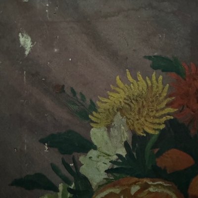 Olio su tela natura morta con frutta e fiori di L. Parize XX secolo
