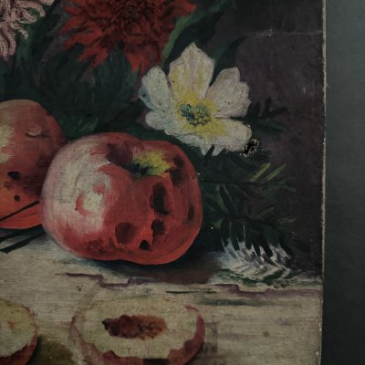 Olio su tela natura morta con frutta e fiori di L. Parize XX secolo
