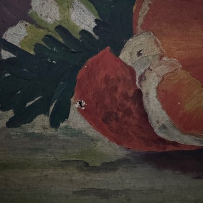 Olio su tela natura morta con frutta e fiori di L. Parize XX secolo