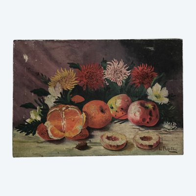 Olio su tela natura morta con frutta e fiori di L. Parize XX secolo