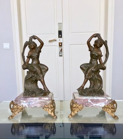 Art Nouveau Marble and Spelter Fireplace Set - 1900