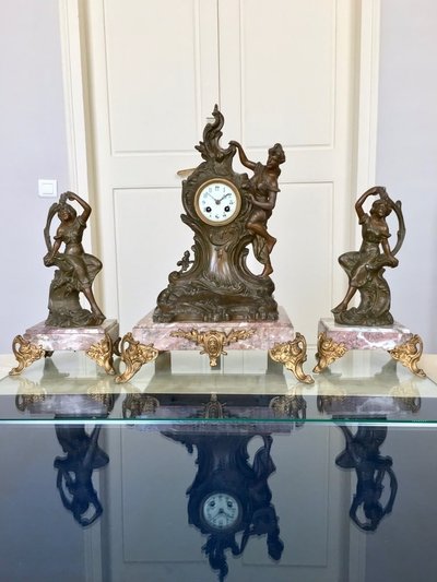 Art Nouveau Marble and Spelter Fireplace Set - 1900