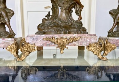Art Nouveau Marble and Spelter Fireplace Set - 1900