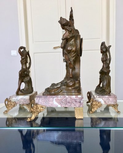 Art Nouveau Marble and Spelter Fireplace Set - 1900
