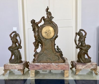 Art Nouveau Marble and Spelter Fireplace Set - 1900