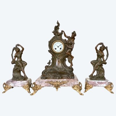 Art Nouveau Marble and Spelter Fireplace Set - 1900