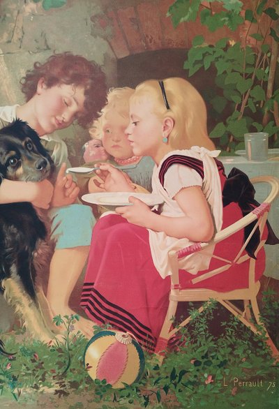 Antique Chromolithograph After Perrault, Children And Dog 19th Century Old Print