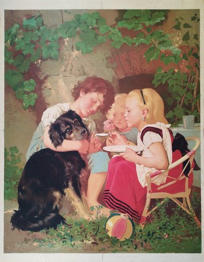 Antique Chromolithograph After Perrault, Children And Dog 19th Century Old Print
