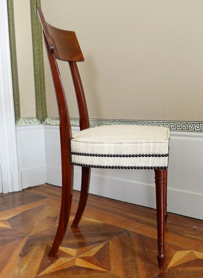 Set of 10 Directoire dining room chairs in mahogany with horsehair covers, Jacob model