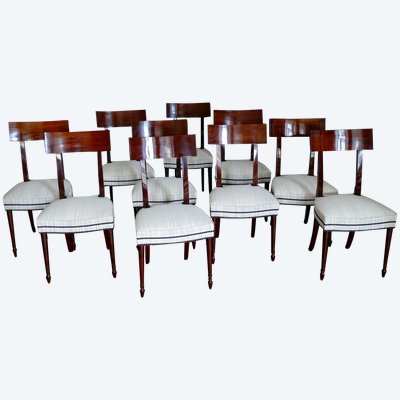 Set of 10 Directoire dining room chairs in mahogany with horsehair covers, Jacob model