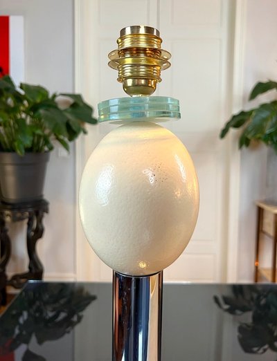 Lampada vintage a uovo di struzzo - Paralume a pagoda - Metallo cromato e vetro
