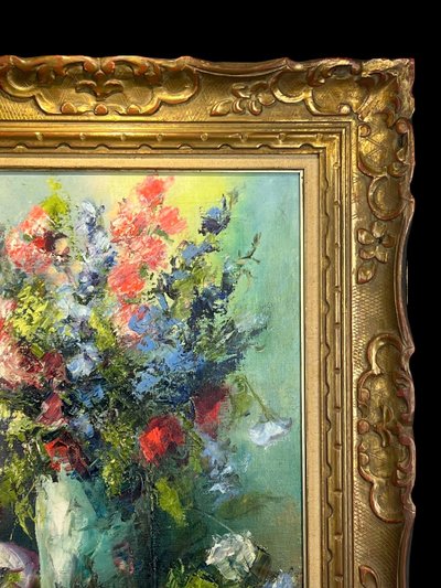 TABLEAU / PEINTURE / HUILE SUR TOILE REPRÉSENTANT UN BOUQUET DE FLEURS ENCADRÉ