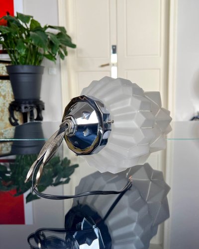 Art Deco Hanging Lamp - Chromed Metal And Frosted Glass Globe - Luminaire XXe siècle