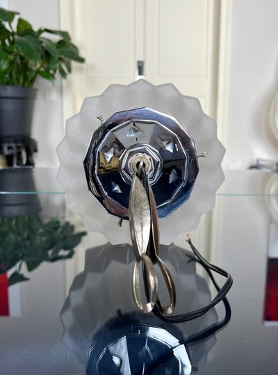 Art Deco Hanging Lamp - Chromed Metal And Frosted Glass Globe - Luminaire XXe siècle