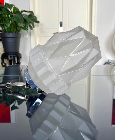 Art Deco Hanging Lamp - Chromed Metal And Frosted Glass Globe - Luminaire XXe siècle