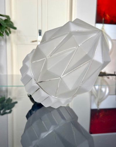 Art Deco Hanging Lamp - Chromed Metal And Frosted Glass Globe - Luminaire XXe siècle