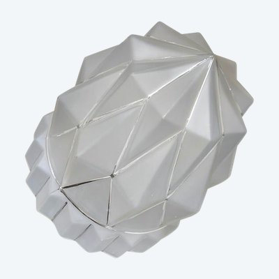 Art Deco Hanging Lamp - Chromed Metal And Frosted Glass Globe - Luminaire XXe siècle