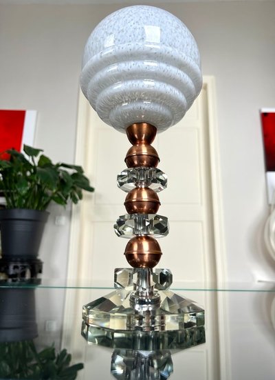 Lampe à Poser Art Déco En Cristal et Cuivre - Globe en Verre Clichy Blanc