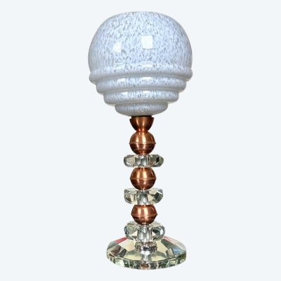 Lampe à Poser Art Déco En Cristal et Cuivre - Globe en Verre Clichy Blanc